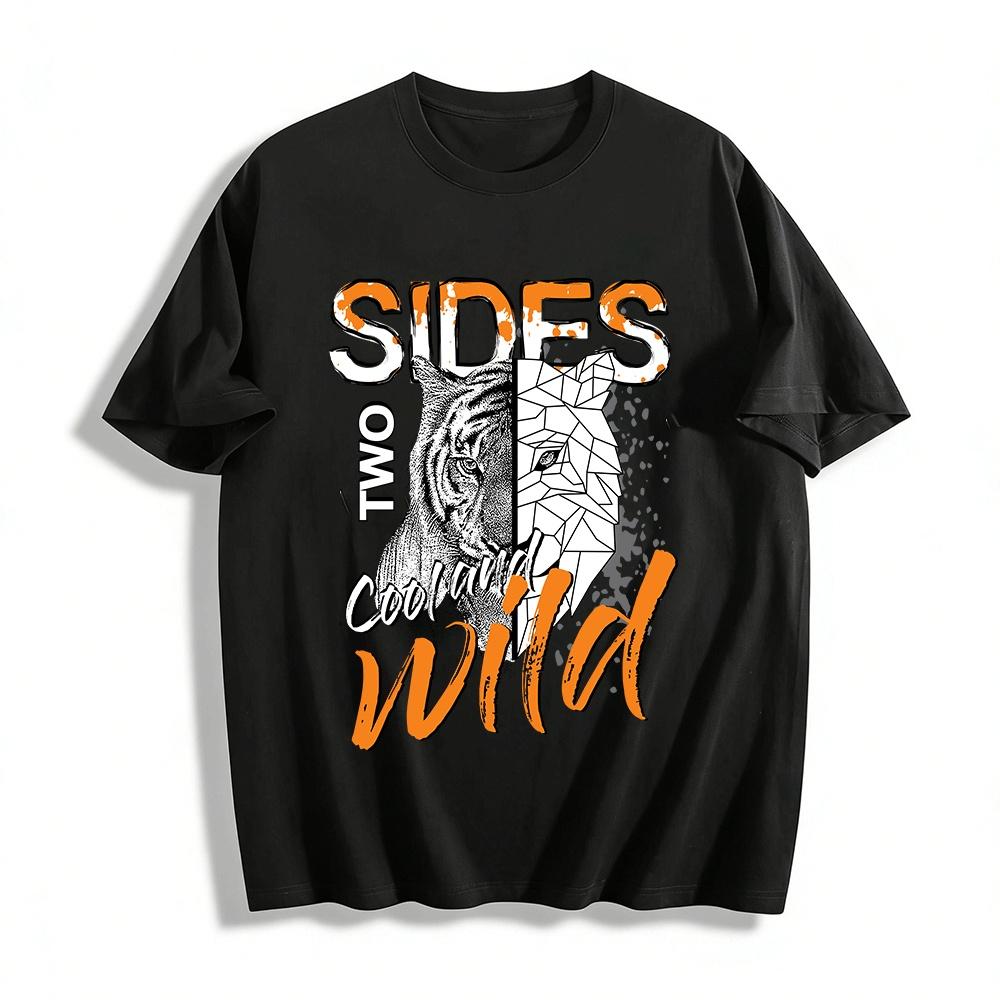 Two Sides Cool And Wild Tiger Graphic Tee Trendy Unisex Casual Top Pure cotton T-shirt XXS