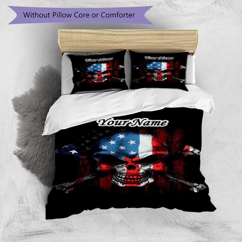 3PC Custom Name American Skull Flag Bedding Set Duvet Cover Closure Includes 1 Duvet Cover & 2 Pillowcases for Bedroom
