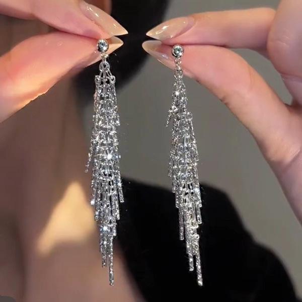 Elegant Gold & Silver Long Tassel Earrings with Silver Needle Backs - Light Luxury Design for Women