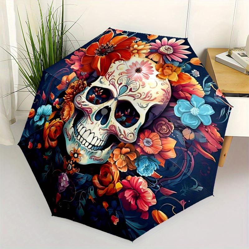 1pc Sugar Skull Flowers Automatic Open/close, Heavy-Duty Iron Frame & 8-Rib structure, Compact Folding Umbrella for Women/Men, All-Season Travel, Hall