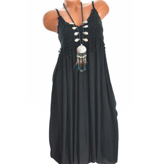 Vintage Women Lace Flower Sleeveless Solid Color Ruffle Casual Summer Maxi Dress