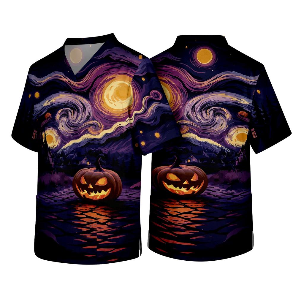 Men's Short Sleeve V-Neck Halloween Print Scrub Top with Chest Pocket