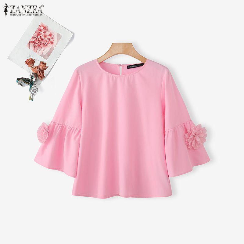 ZANZEA Blouse Décontractée Femme Col Rond Couleur Unie Manches 3/4