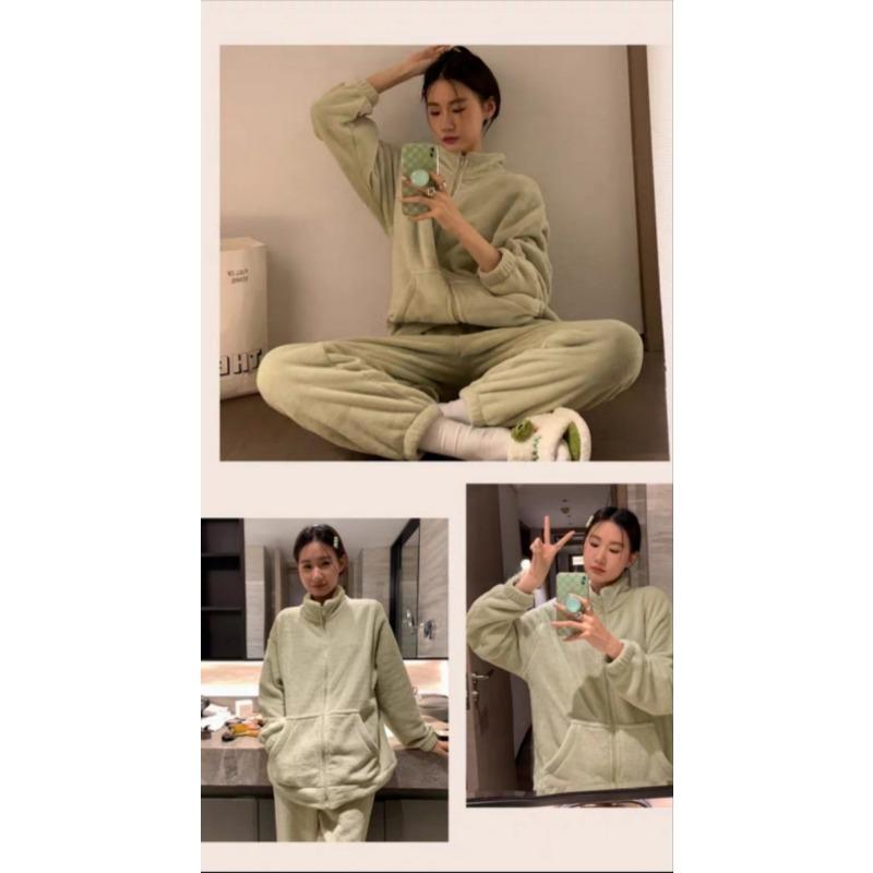 Zipper Home Clothing Set New Winter Warm, Simple, Thick, Can Be Wearing Externally Long Sleeve Long Pants Two Piece Set for Women
