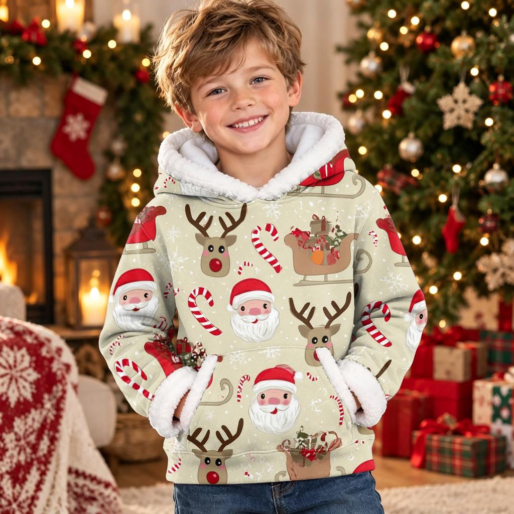 Kids Long Sleeve Christmas Print Casual Fashion Hooded Top