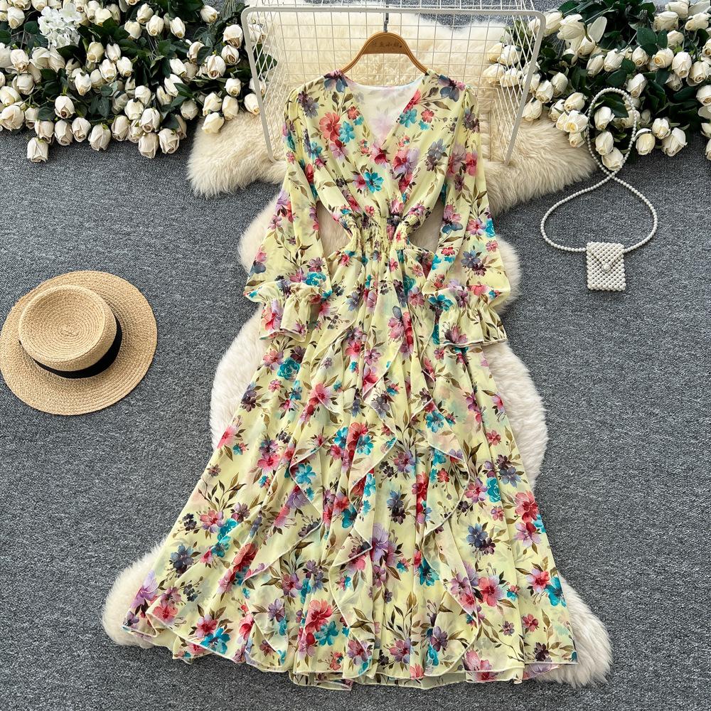 Französisches Retro V-Ausschnitt Langarm Blumen Chiffon Kleid Damen Herbst Taille Temperament Lotusblatt-Rand Langer Rock