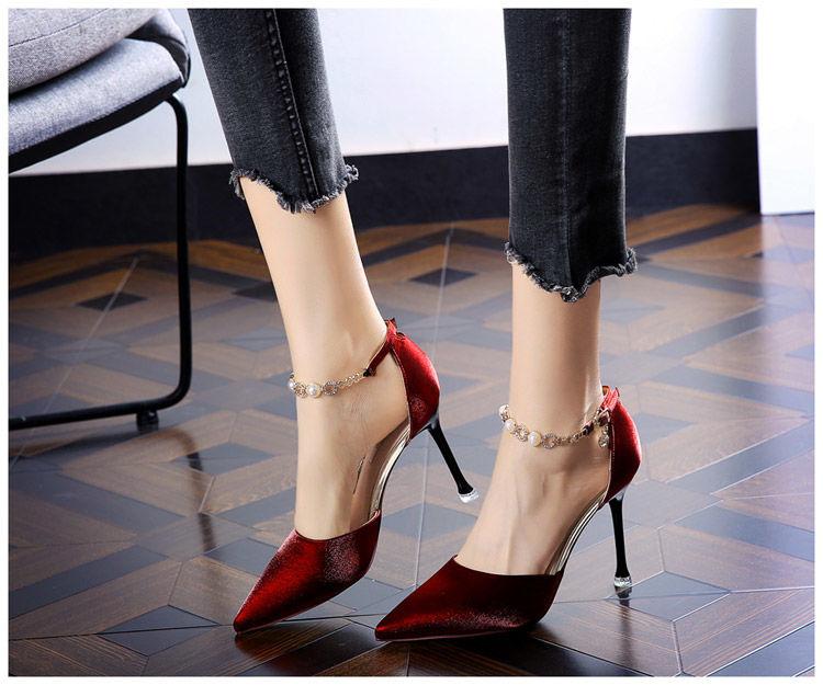 

High heels women s one-word buckle strap stiletto spring 2026 new temperament pointed hollow single shoes 40 бордовий