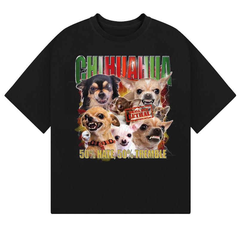Angry Chihuahua Pet Dog Pattern American Casual High Street Vintage Loose StraightNecked Unisexs and Womens TShirt S
