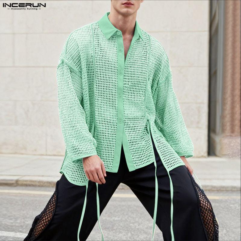 INCERUN Men Lapel Neck Long Sleeve Hollow Out Fishnet Mesh Sheer Beach Shirts Tops 