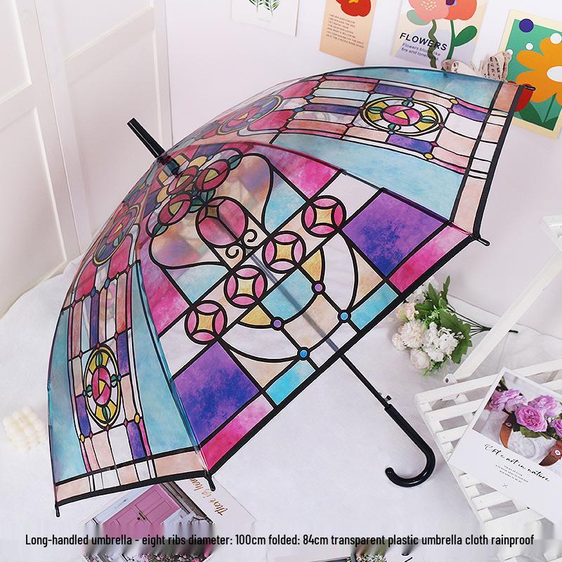 Japanese Forest Style Transparent Cherry Blossom Umbrella with Arched Long Handle for Students
