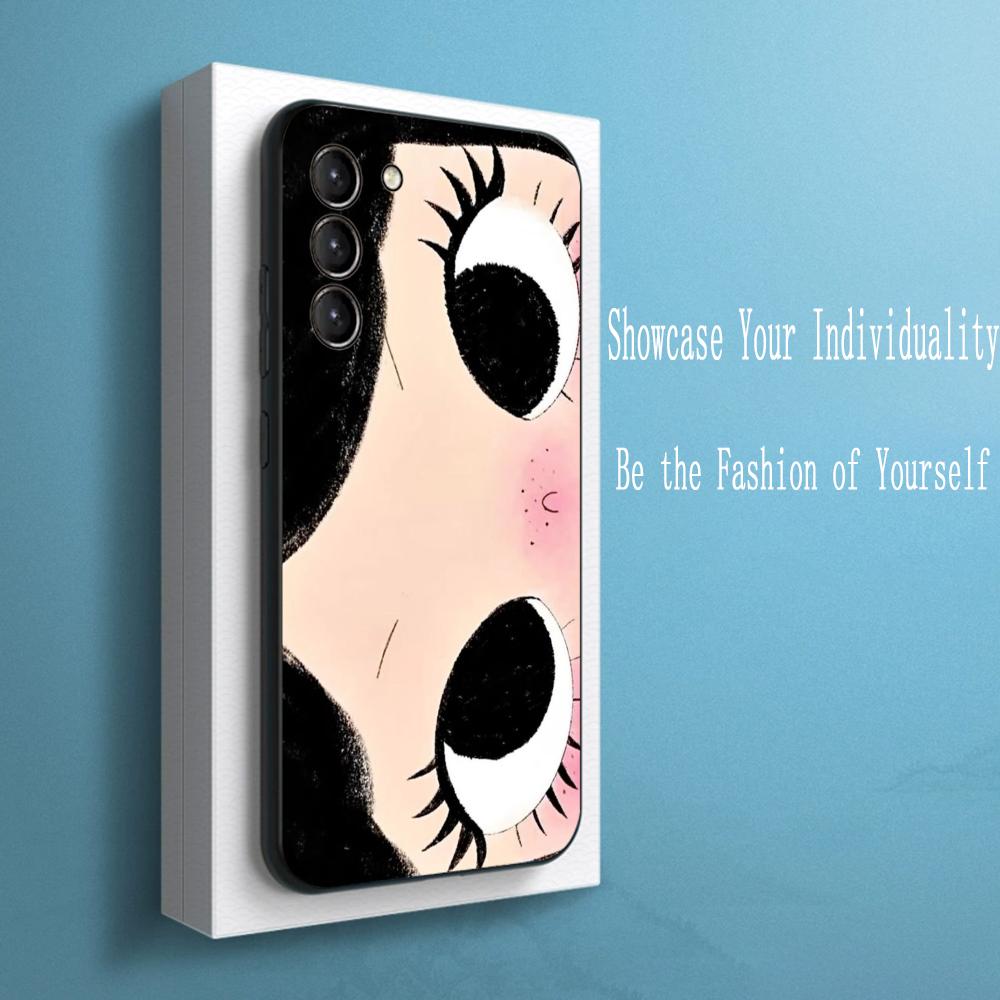 Cute Girl Cartoon Big Eye Design Phone Case For Samsung Galaxy S26 S25 S24 S23 S22 S21 Plus Ultra Note20 Soft Black