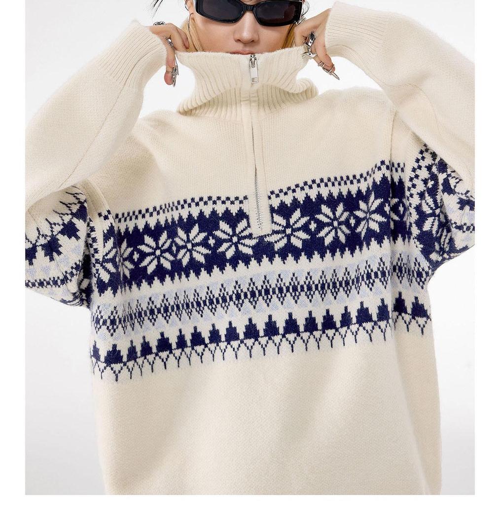 Unisex Röd Retro Fair Isle Halvdragkedja Hög Halsstickad Tröja