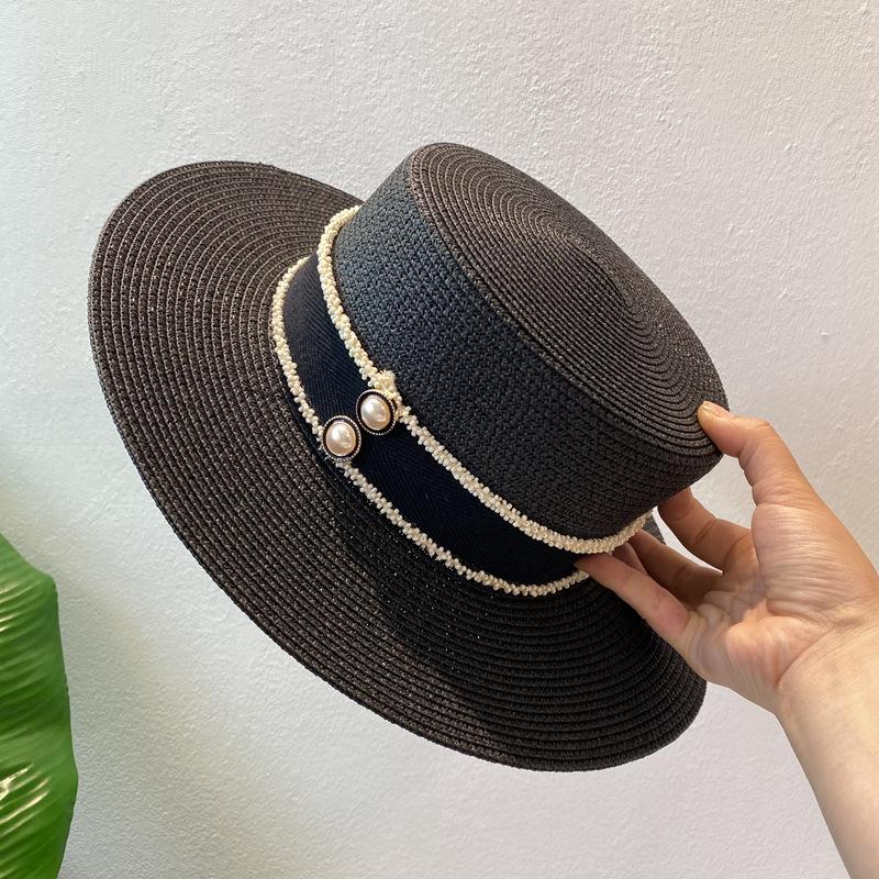 Spring and summer flat top top hat sticker straw woven big eaves hat seaside vacation straw hat sun protection beach hat French sun hat women