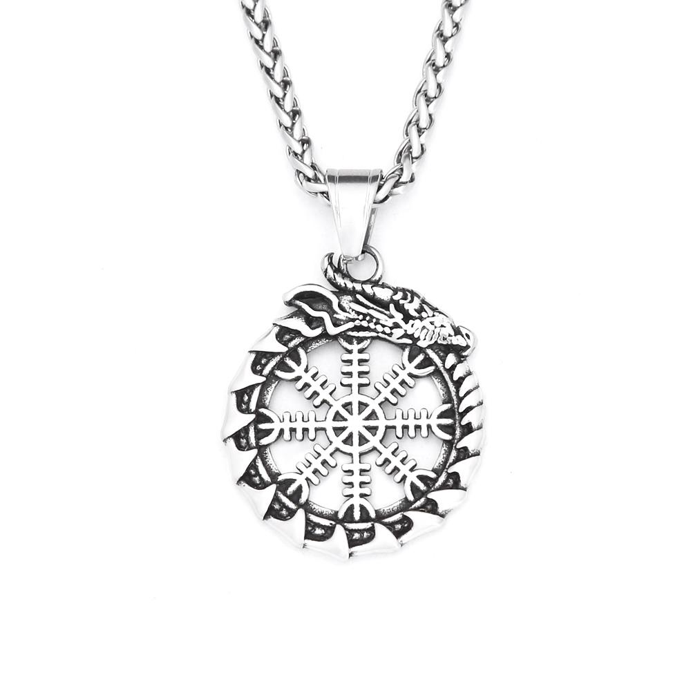 Vintage Vikings Dragon Ouroboros Pendant Necklaces For Men Stainless Steel Nordic Viking Compass Necklace  Amulet Jewelry