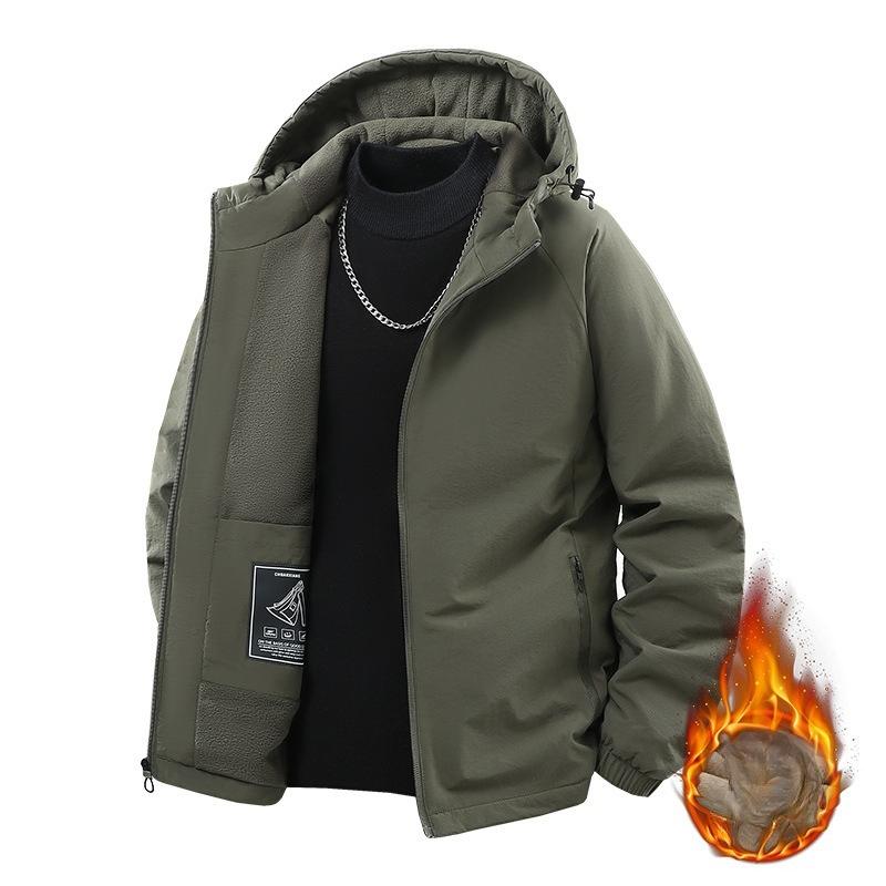 Fleece Thickened Jacket Men's Spring and Autumn and Winter Solid Color Hooded Top Long Sleeve Loose Casual Jacket