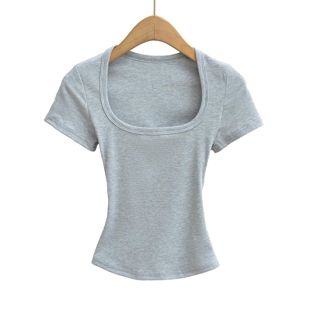 Summer Square Collar High Elastic Crop Top Ladies Short-sleeved Sexy Top Slim Pullover Bottoming Shirt