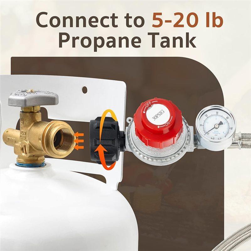 ABBP-Adjustable High Pressure Propane Regulator With Gauge, 5-Foot Stainless Braided Hose For Outdoor Cooking