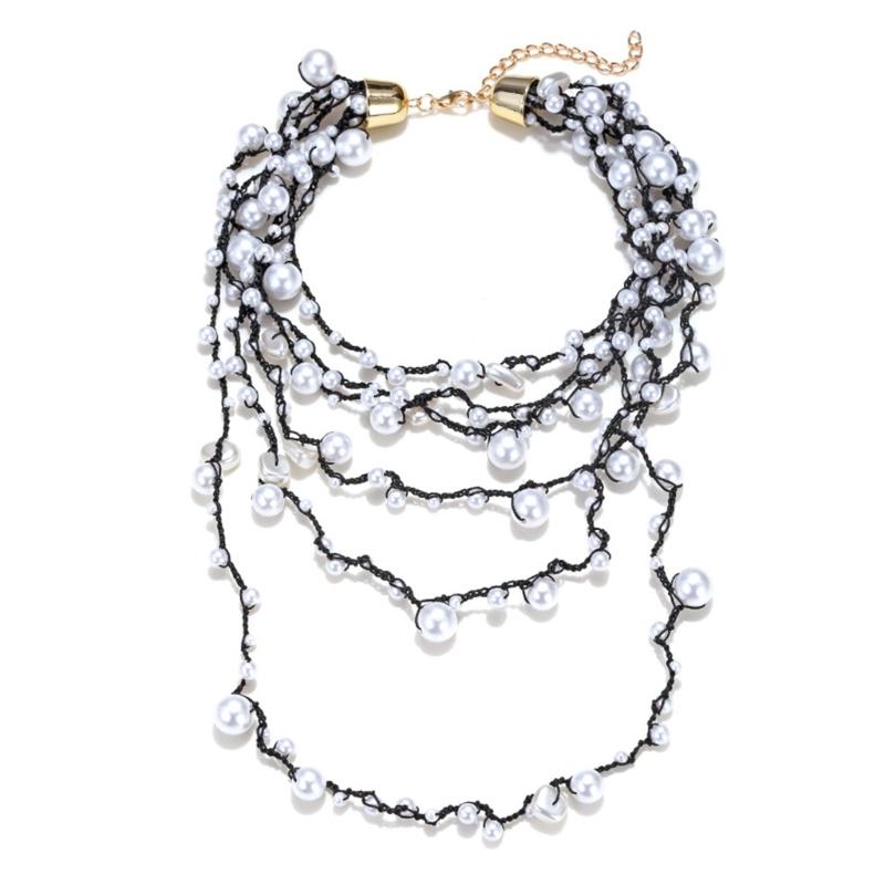 Bohemian Style Layering Pearls Necklace Handmade Multistrand Faux Pearls Neckchain Adjustable Chain For Women 1