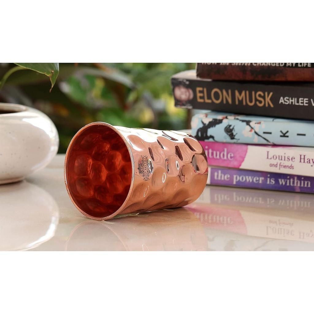 Pure Copper Plain Glass with Diamond Hammered Design, Drinking Serving Water, Yoga Ayurveda, Volume-300 Ml, Pack of 6