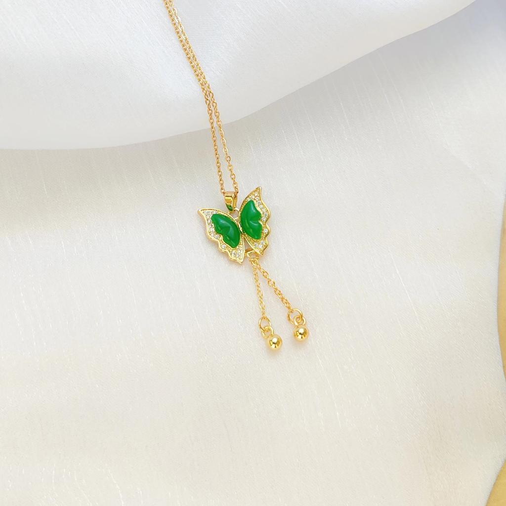 Titanium Steel Green Fringed Butterfly Necklace Women'S Light Luxury High-End Simple And Versatile Exquisite Pendant Collarbone Chain