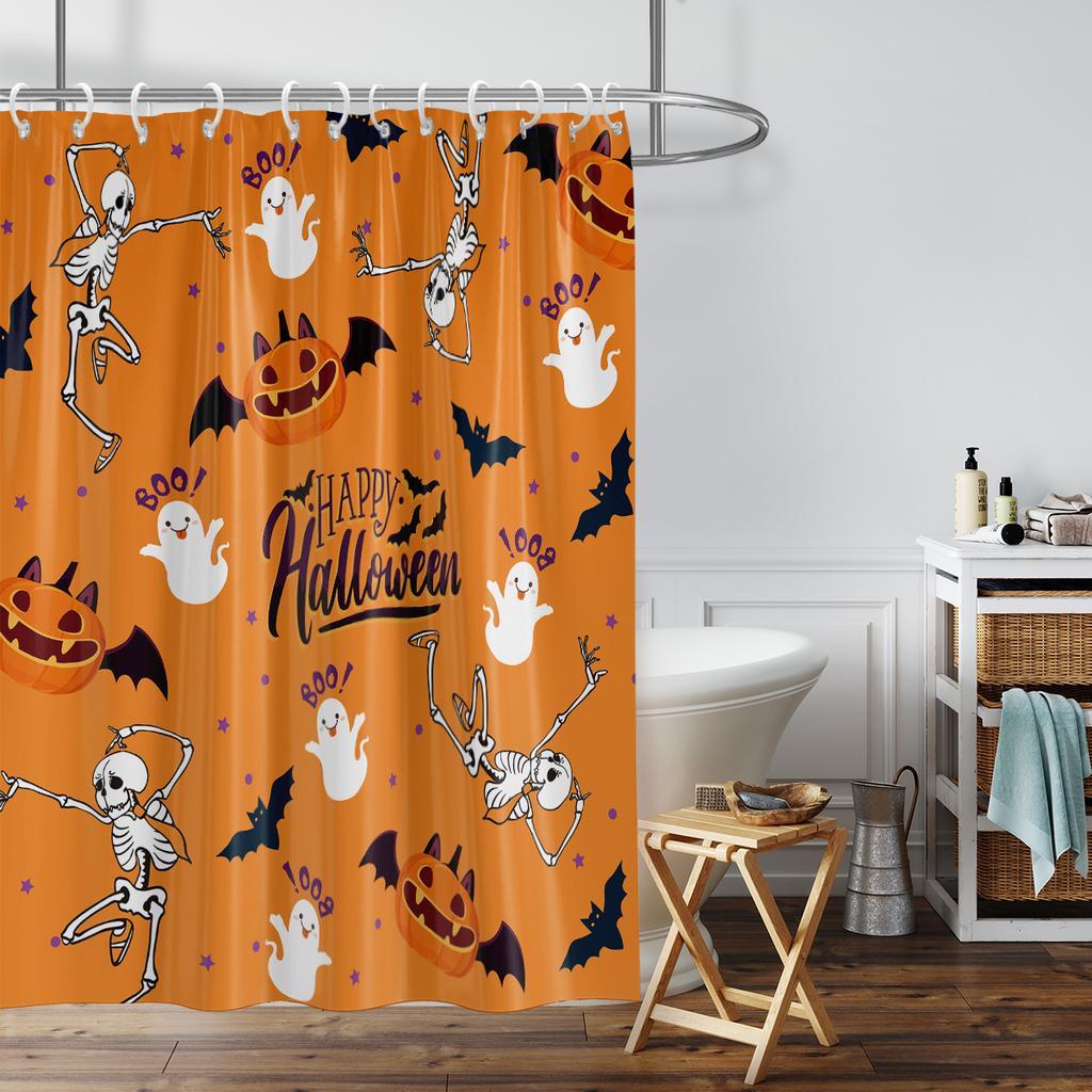 1 Piece Of 180X180Cm Halloween Orange Skull Printed Shower Curtain Partition, Bathroom Waterproof And Mildew Proof