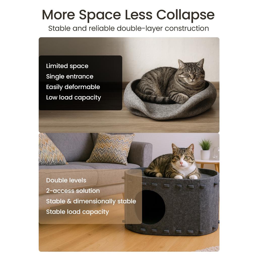 Cat Cave Bed 2-in-1 Foldable Cat Hideaway House Dual Layer Felt Lounge Pet Play Space for Indoor Cats