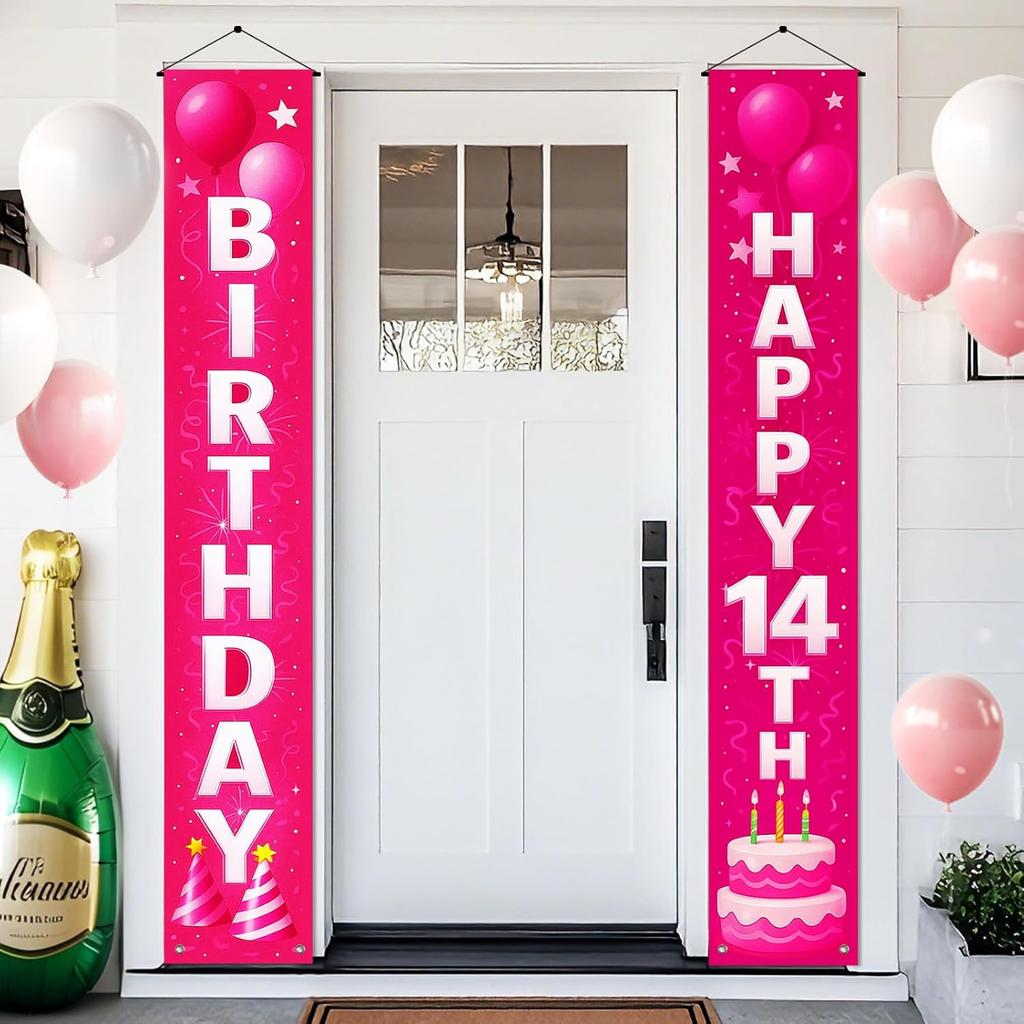 18th Birthday Door Banner 12x72 Inch Pink Gradient Backdrop with White Letters Balloon Cake Star Streamer and Graphics Happy Birthday Sign for Party