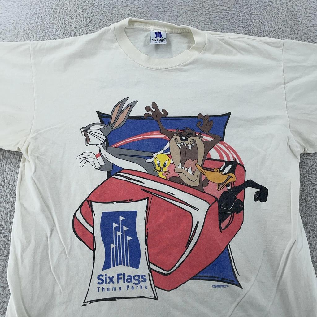 Vintage Looney Tunes Six Flags Shirt Mens Large/XL White Great Adventure 90s