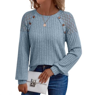 Women's Round Neck Solid Color Hollow Button Long Sleeved Casual Patchwork Top