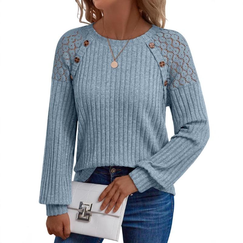 Women's Round Neck Solid Color Hollow Button Long Sleeved Casual Patchwork Top