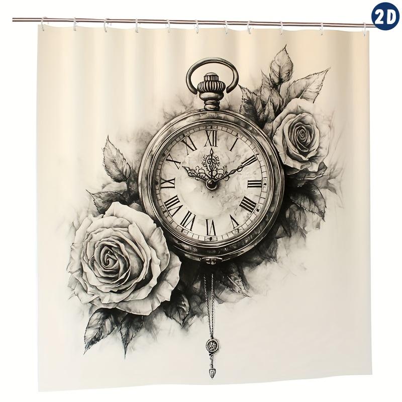 Pocket Watch & Roses Shower Curtain – Vintage Design, Durable Polyester with Hooks, for Bathrooms