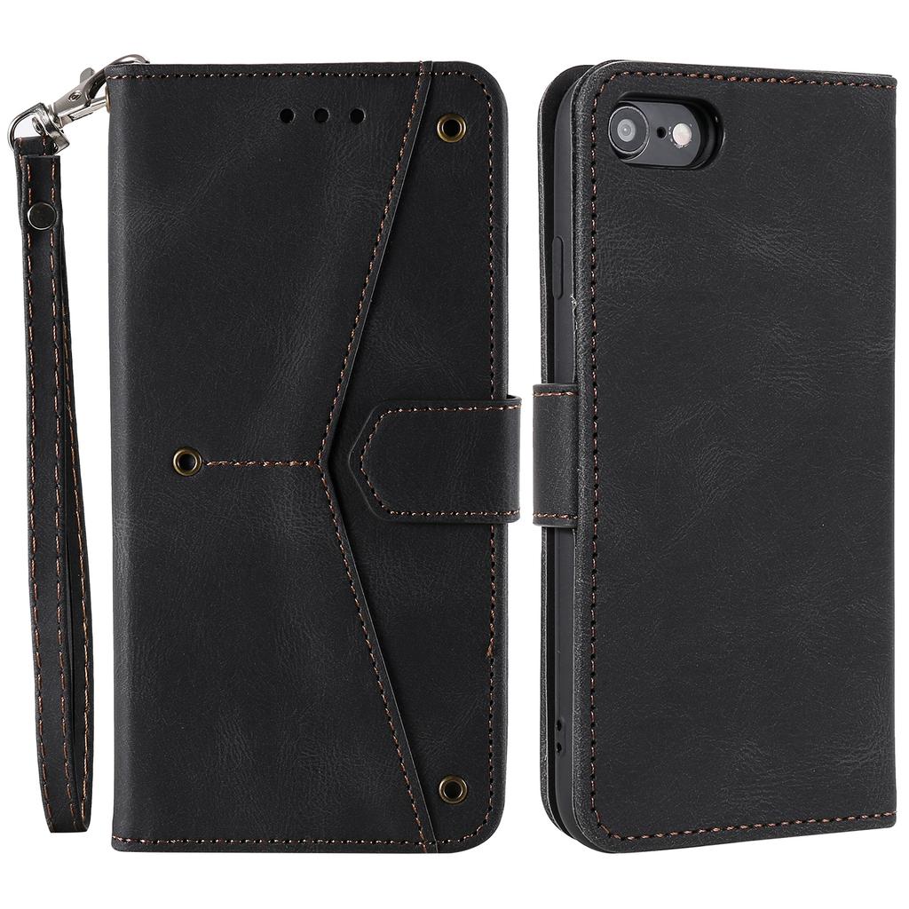 For iPhone 16e Leather Case Splicing Stitching Wallet Phone Cover with Wrist Strap