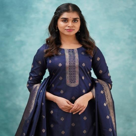 Midnight Blue Regal Chanderi Kurta Set with Banarasi Dupatta
