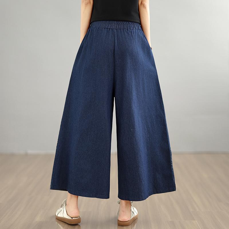 Plus Size Vintage Floral Patchwork High Waist Casual Loose Women Spring Summer Jeans Denim Wide Leg Pants