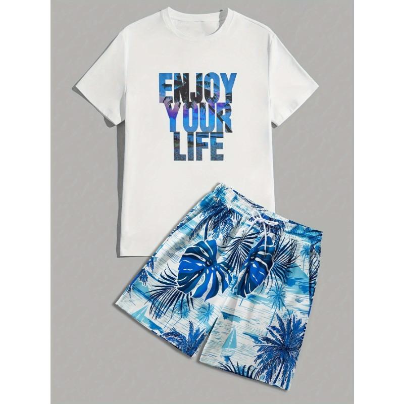 

Men s Tropical Coconut Print 2-Piece Set: Casual Short Sleeve T-Shirt and Drawstring Shorts - Fashionable for Summer XL
