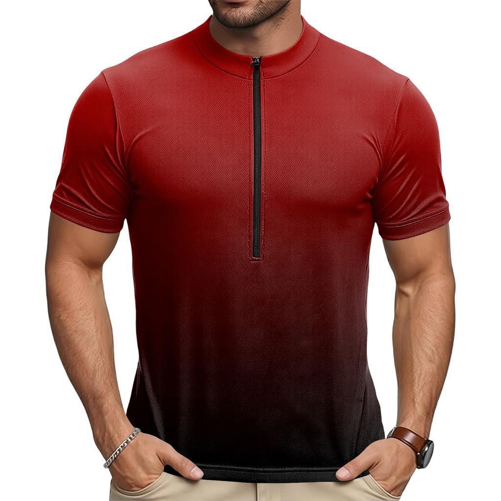 Men’s Crew Neck Gradient Print Zip Breathable Quick Dry Short Sleeve Cycling Jersey for Outdoor Sports Riding