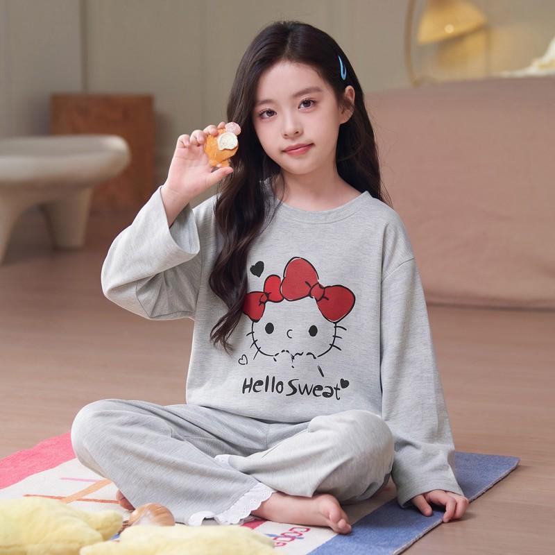 100% Cotton Girls Pajama Set Long Sleeve Round Neck Thin Home Wear Kids 8 Years