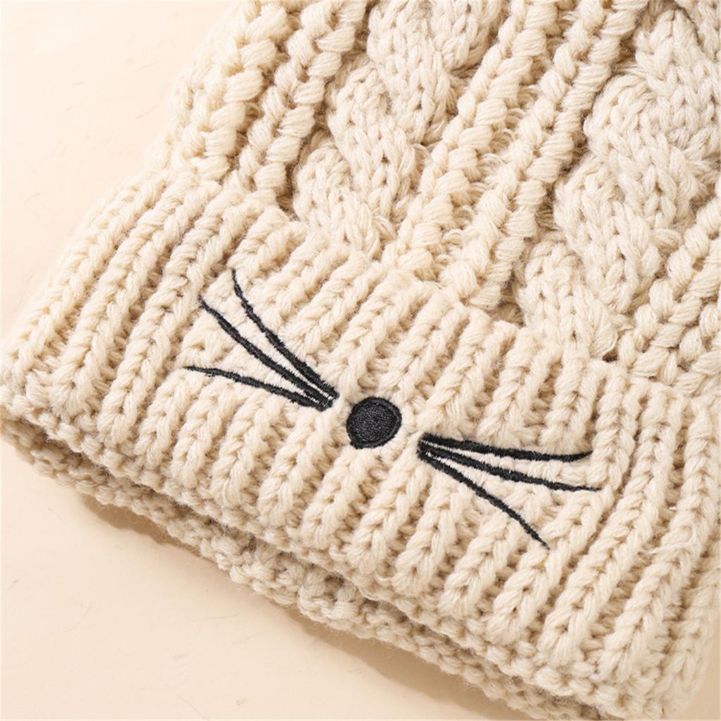 Winter Cartoon Kitten Knitted Hat Kitten Ear Beanies Headwear Hat for Kids Headwear with Embroidered Whisker