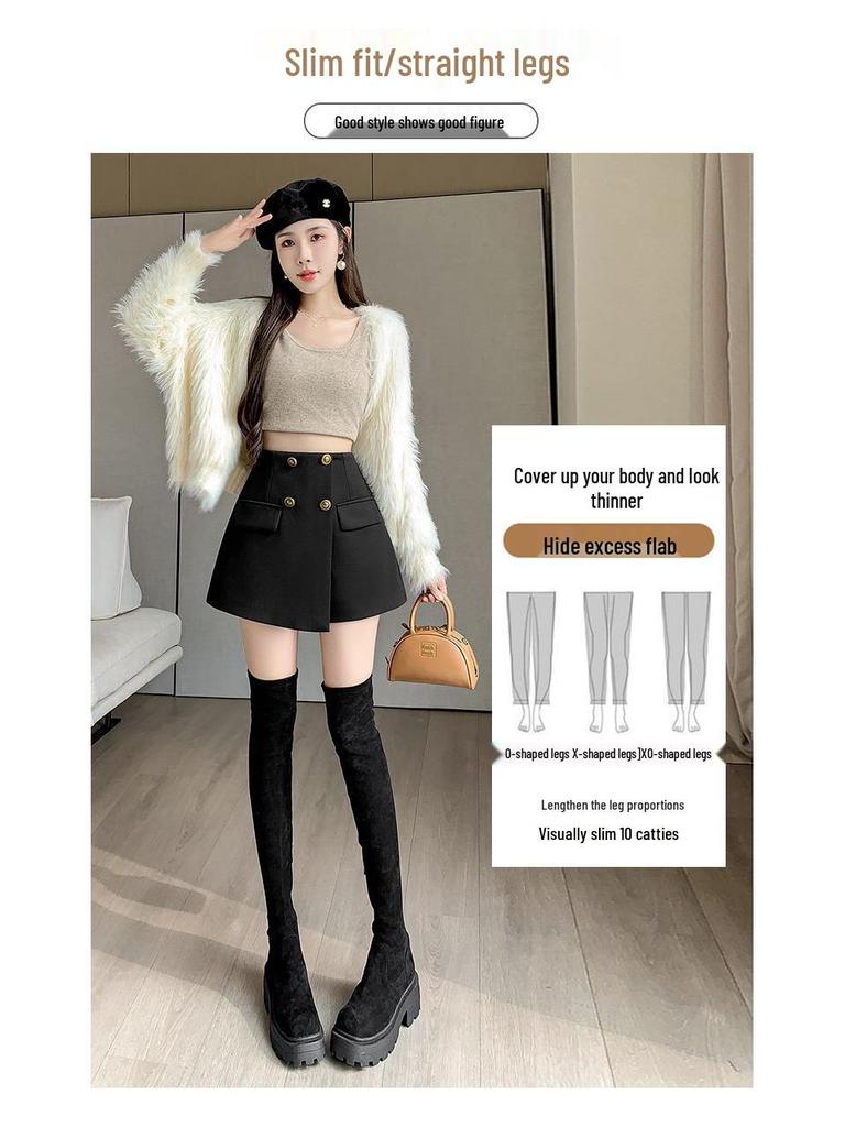 Women's 2026 Autumn/Winter High-Waist Wool Suit Skirt Pants - Double-Breasted, Wide-Leg Slimming Shorts