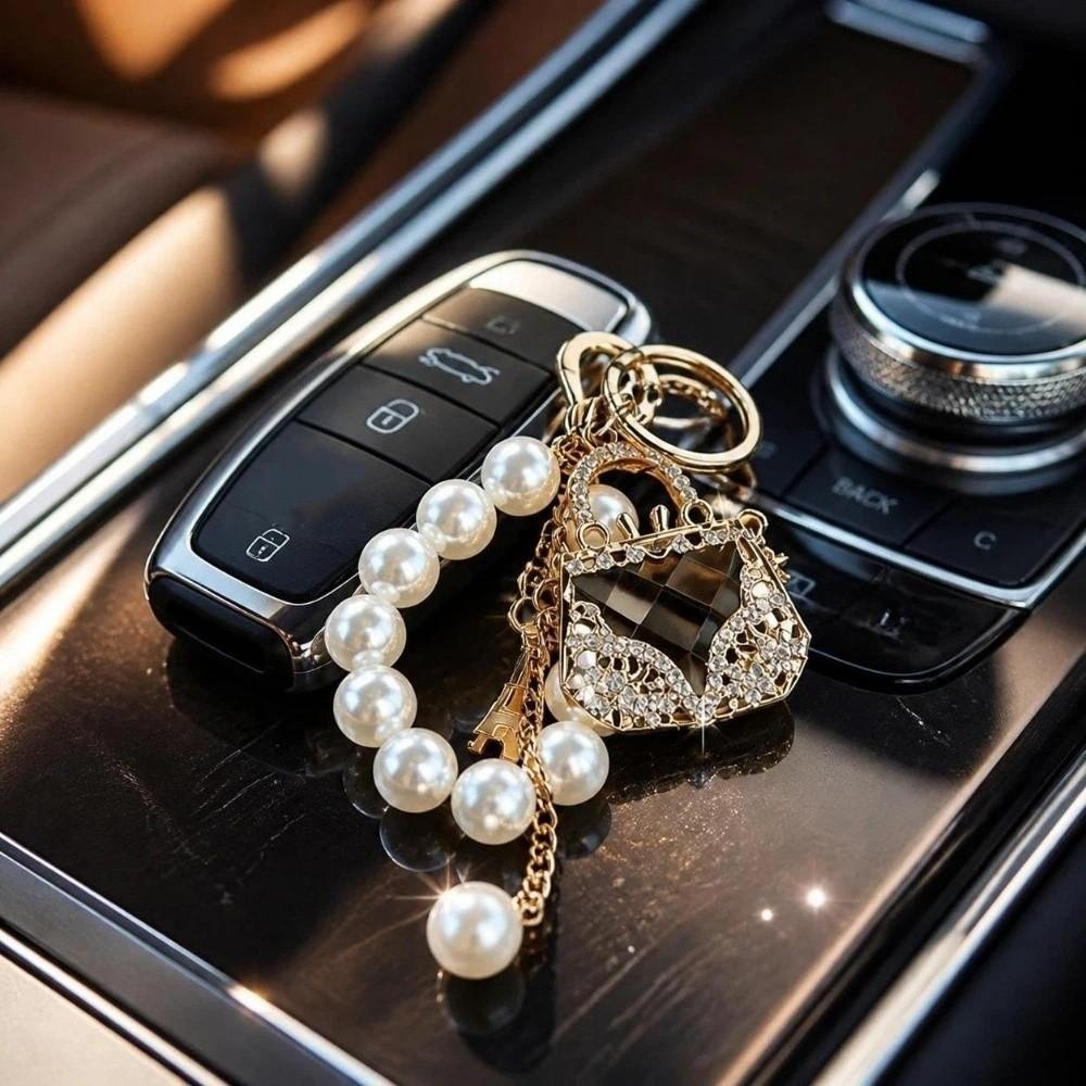 Decoration Bag Pendant Zircon Studded Rhinestone Bag Keychain Pearl Beads Key Chain For Women