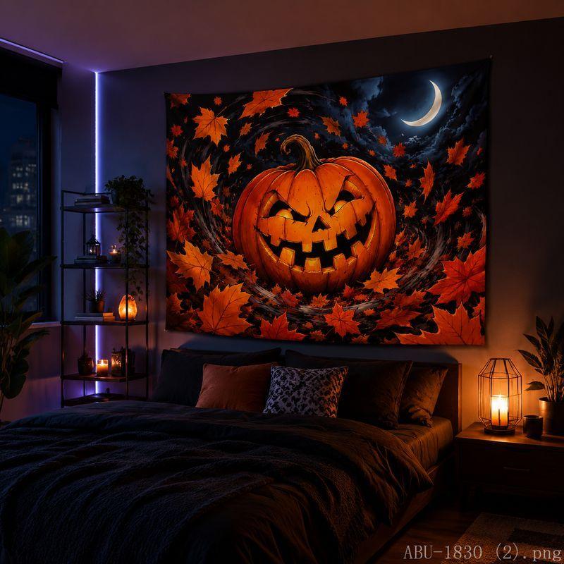 Halloween Tapestry, Pumpkin Spider Web, Black Cat Moon Print Wall Hanging, Bedroom Party Wall Decoration