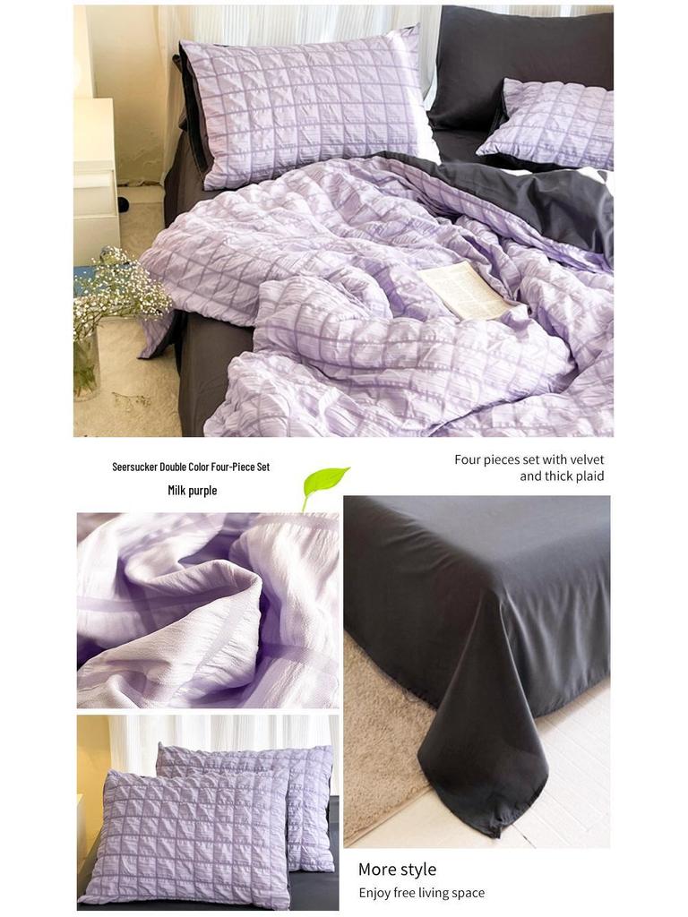Korean Style Seersucker Cotton 4-Piece Bed Set - Girlish Duvet Cover & Sheet for Dorms (3-Piece)