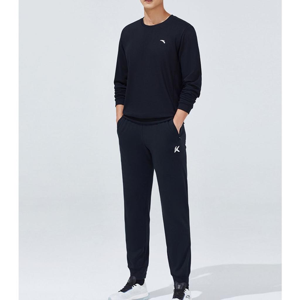 Anta Sports Lifestyle Series Solid Color Logo Round Neck Pullover Long Sleeve Sweatshirt Men sweatshirt Black 952147768-2