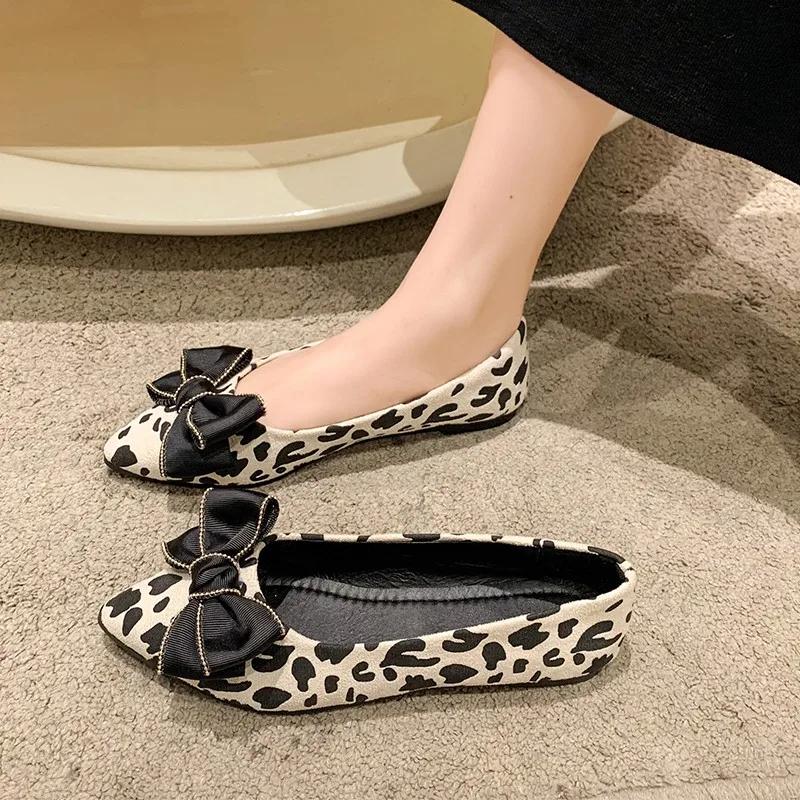 Fashion Bow Leopard Shallow Mouth Slip Womens Dress Casual Shoes Soft Leather Dress Flat Shoes Single Shoes