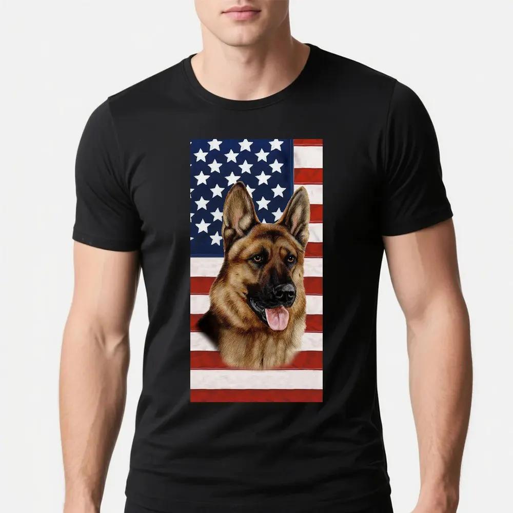 Patriotic Black German Shepherd Men Tshirt American Flag Dog Gifts TShirt Summer Fashion Breathable Retro Street Man Tops
