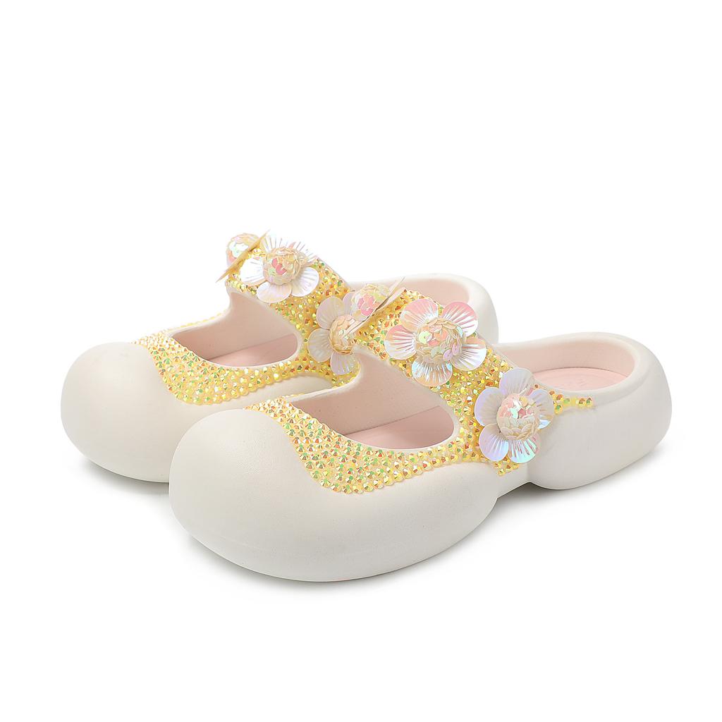 Fashion Handmade Diamond Inlaid Mary Jane Pink Slippers New Sweet Flower Sequins Thick Sole Heightening Net Red Summer Beach Sandals