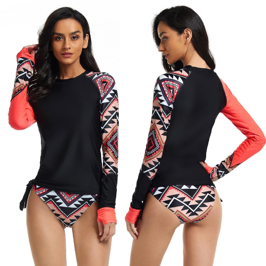 2024 Geometric Pattern Long-Sleeve Triangle Shorts Two-Piece Surf Suit