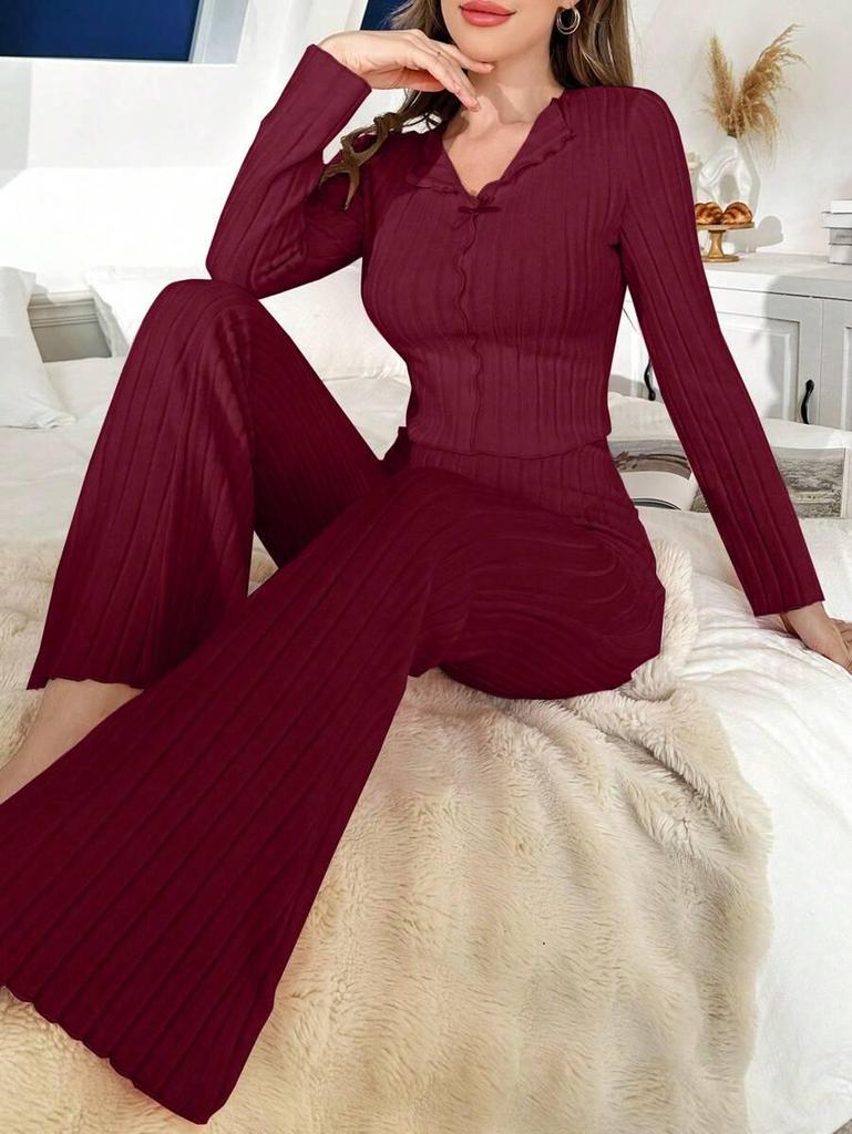 European & American Women's Long Sleeve Pajama Set: Bowknot Casual Fashion, Thickened for Autumn & Winter