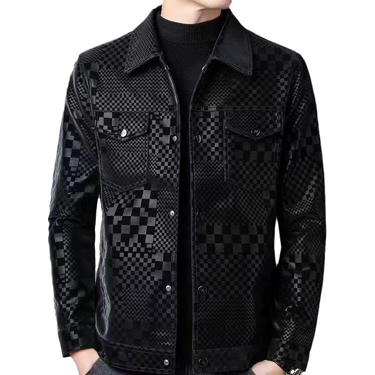 Men's trendy men's jacket spring and autumn lapel fashion leather jacket men's casual jacket plaid trendy top Korea