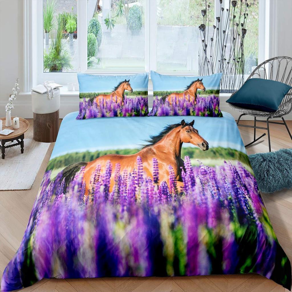 Comforter Horse Cherry Blossom Branches Lavender Purple Bedding Sets Galloping Horse Comforter 2/3Pcs